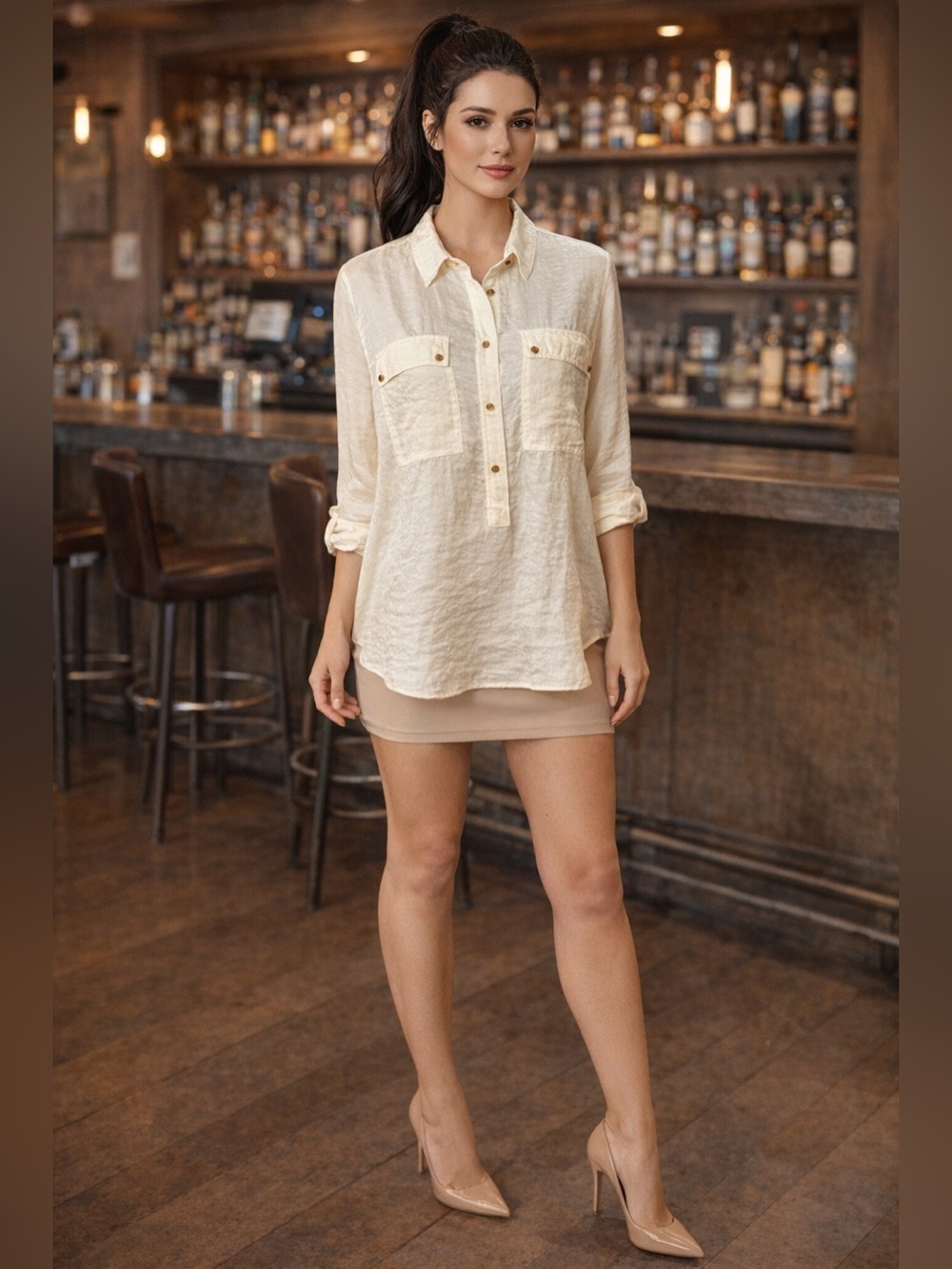 MICHAEL KORS Hammered Ivory Satin Roll Tab Button Pull Over Blouse LARGE NWT $90
